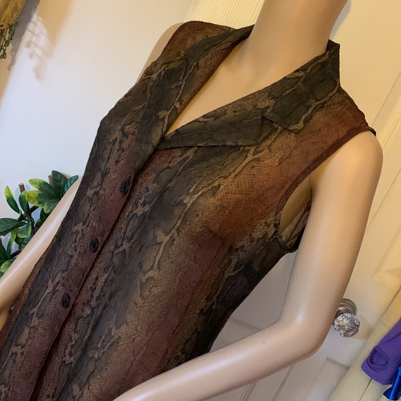 Vintage 80s Reptile snake print sheer chiffon sleeveless maxi VEST Shirt top S M - Picture 13 of 13